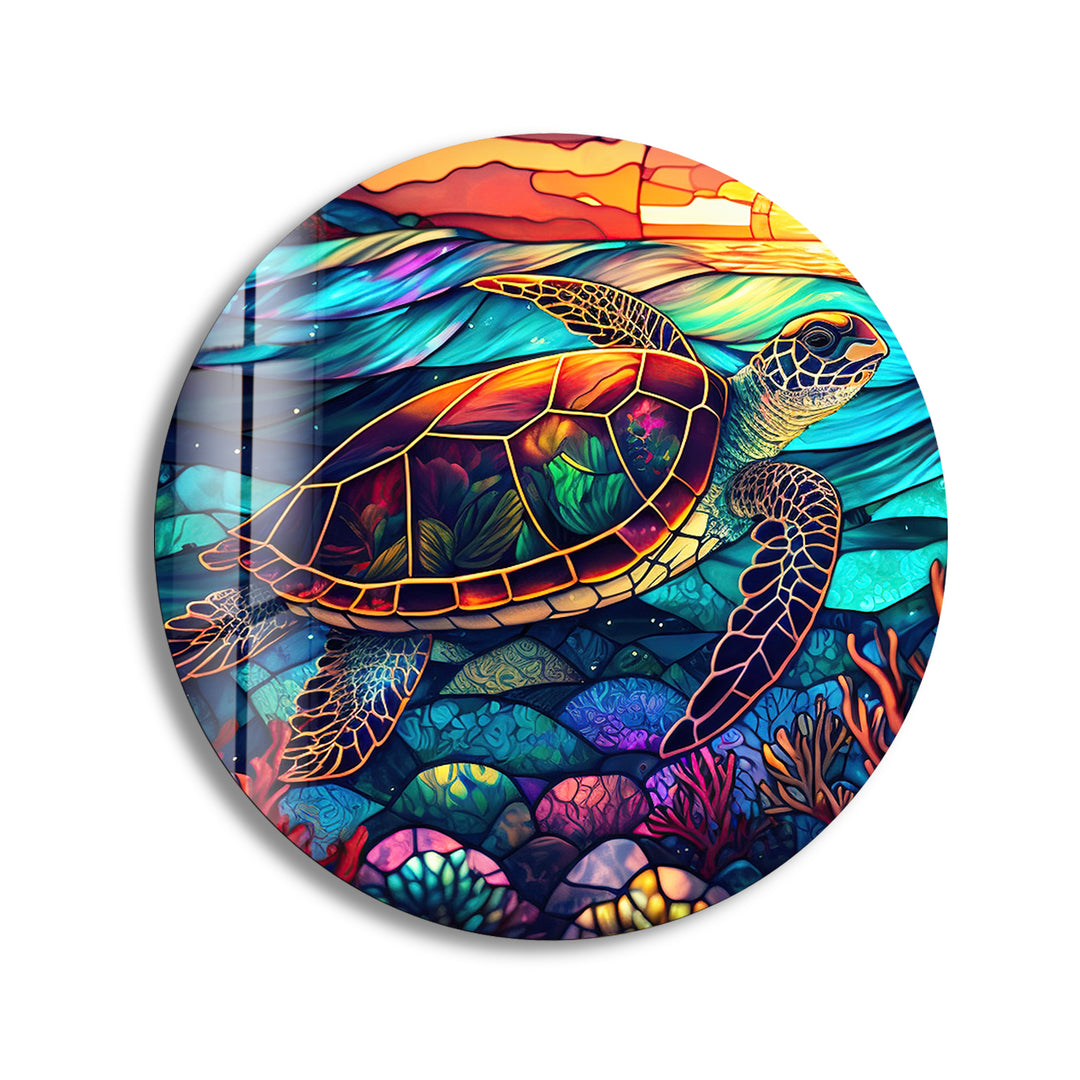 Sea Turtle Colored Round Glass Wall Art glass photo prints, glass picture prints
