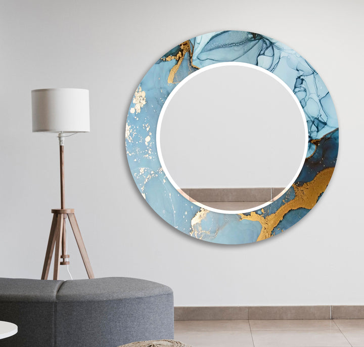 Light Blue Golden Detail Wall Mirror Round Wall Mirror
