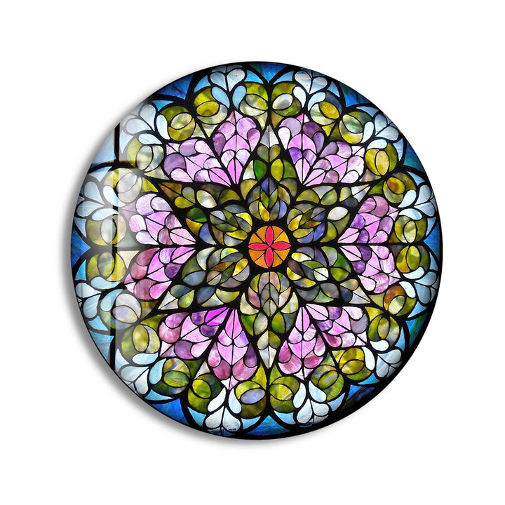 Stained Round Pink Flowers Glass Wall Art custom glass pictures, glass art prints
