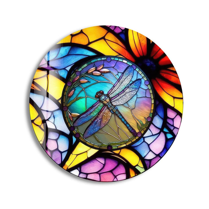 Stained Dragonfly Round Glass Wall Art Glass Printing Wall Art, Print photos on glass
