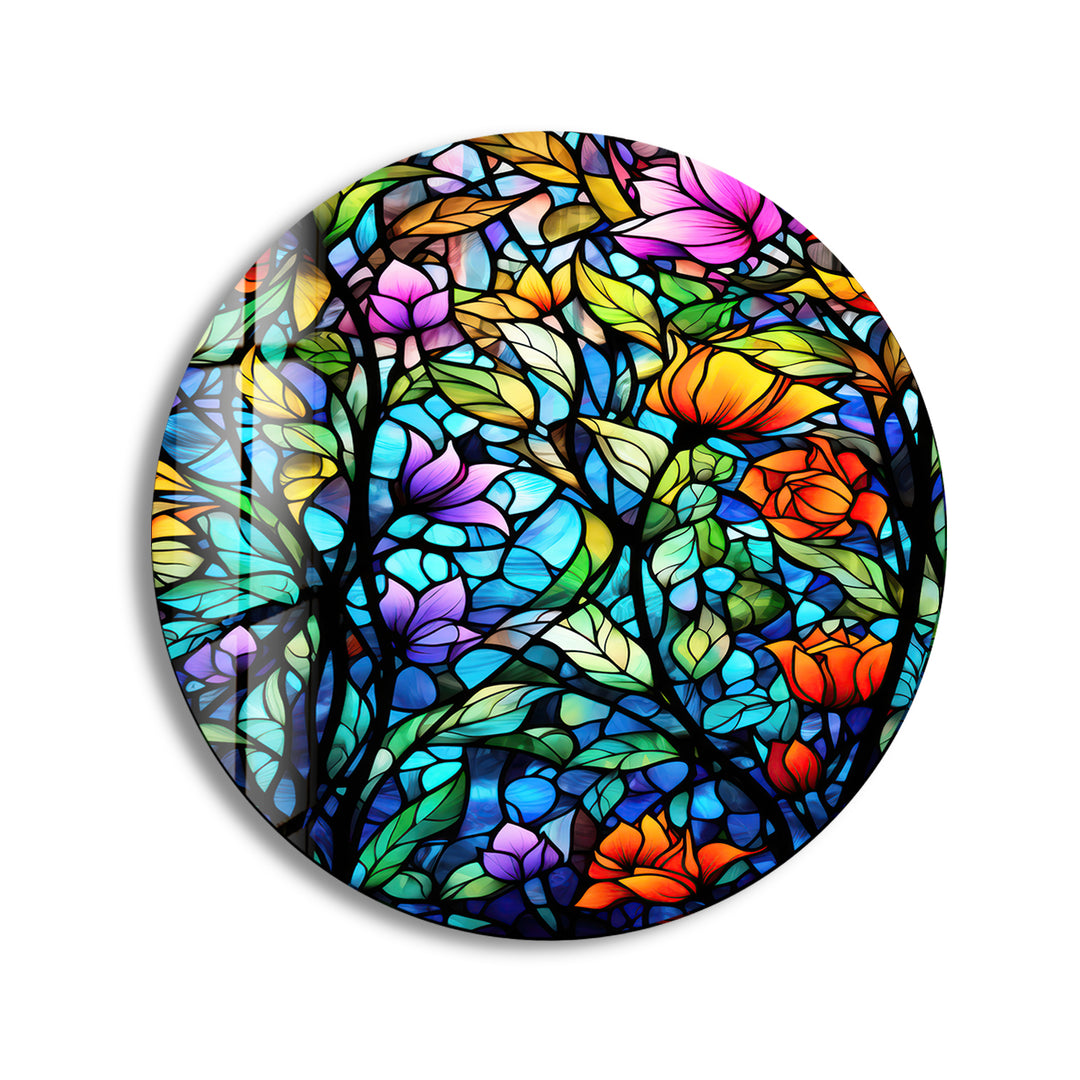 Colorful Stained with Flowers Round Glass Wall Art print picture on glass, Tempered Glass Wall Art
