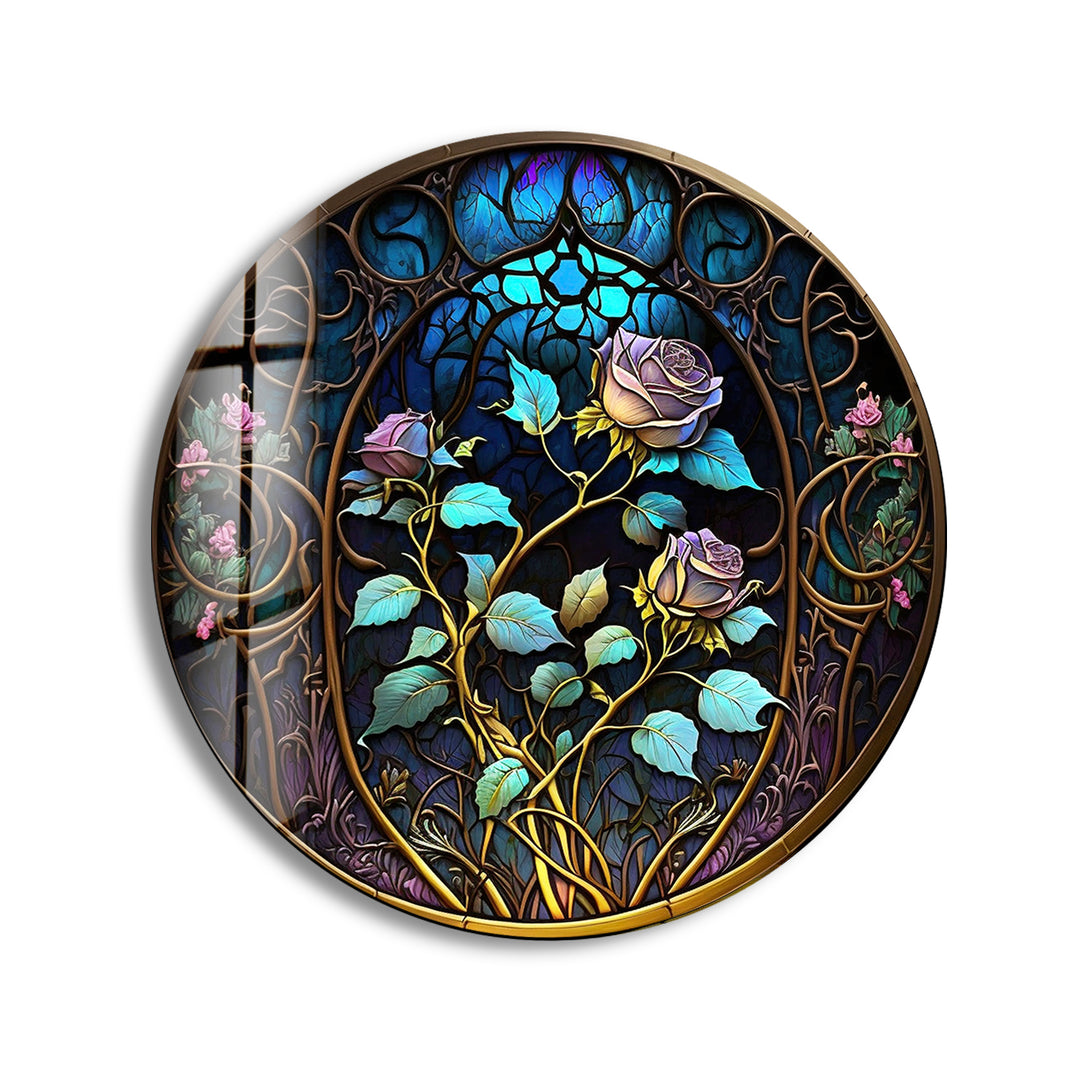 Stained Round Blue Rose Glass Wall Art stained glass wall art, stained glass wall decor
