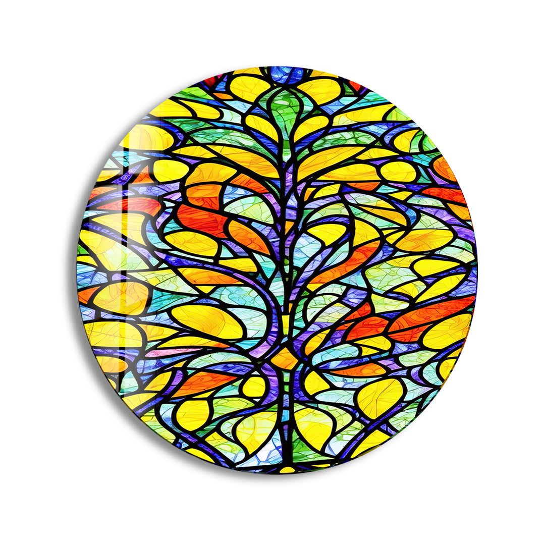 Stained Round Yellow Tree Glass Wall Art glass wall decor, glass wall art decor
