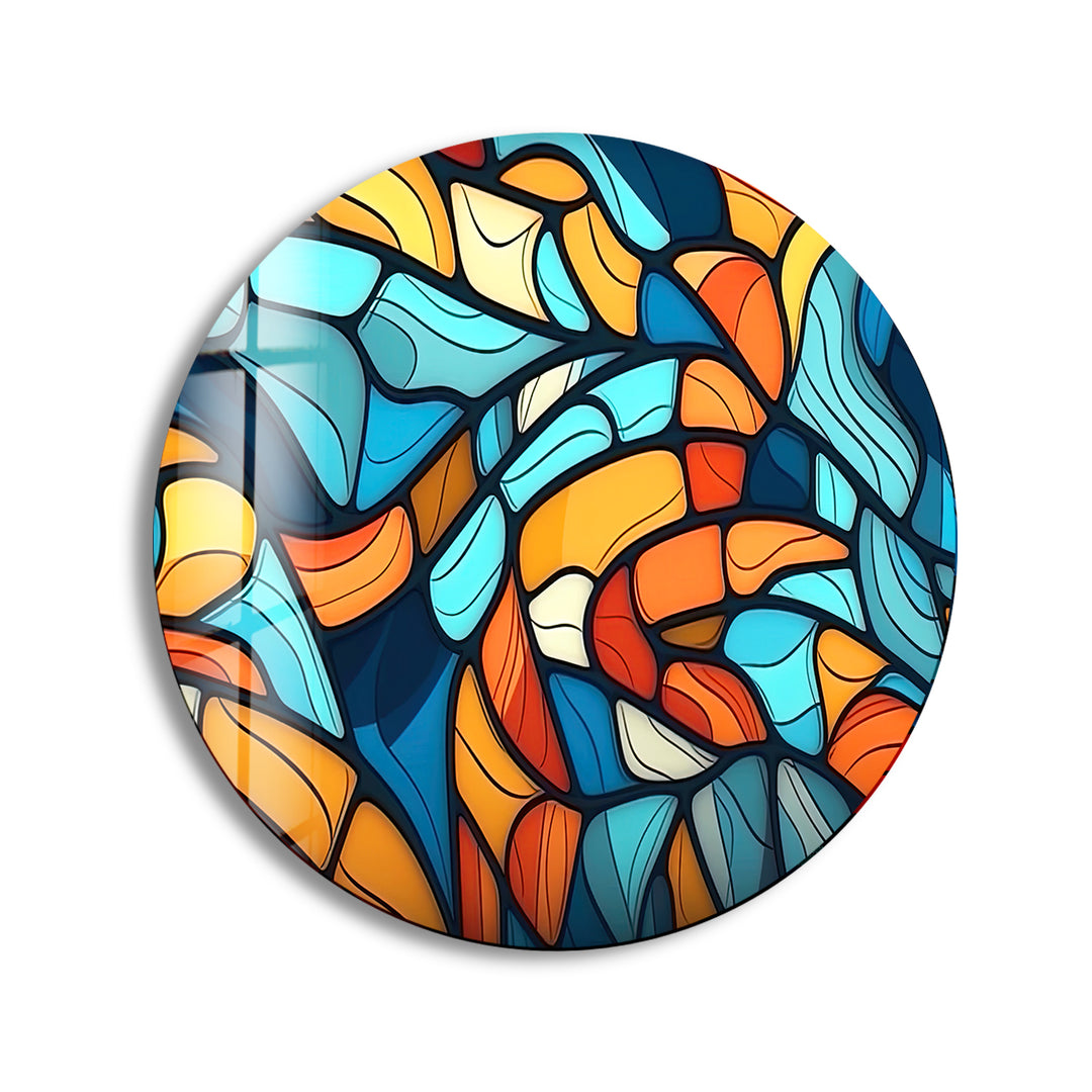 Blue & Orange Mosaic Round Glass Wall Art print on glass, glass printed photos
