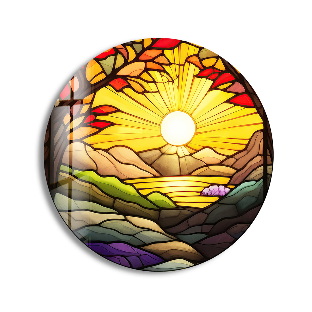 Sunrise Stained Round Glass Wall Art print picture on glass, Tempered Glass Wall Art