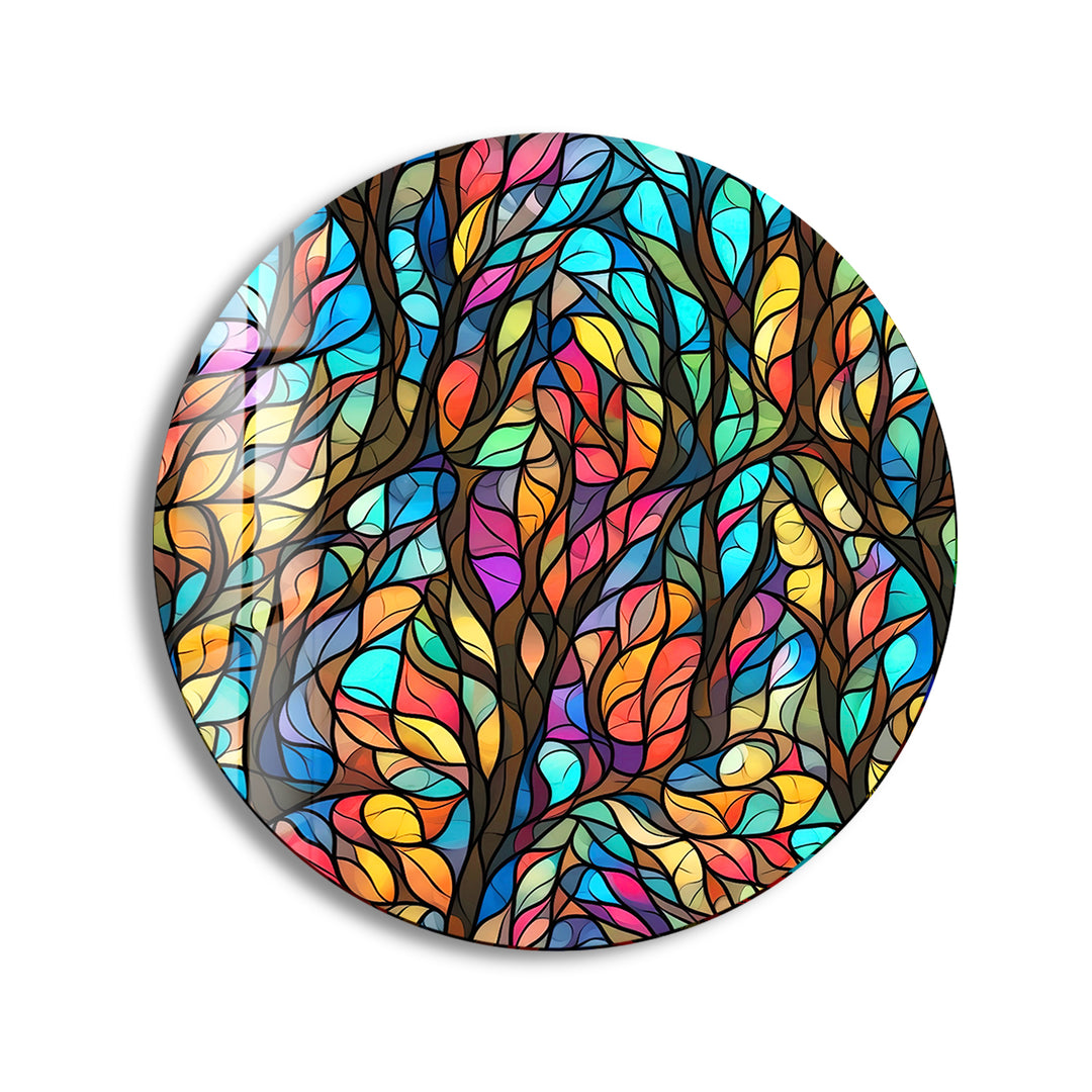 Stained Round Colorful Leaves Glass Wall Art custom glass pictures, glass art prints
