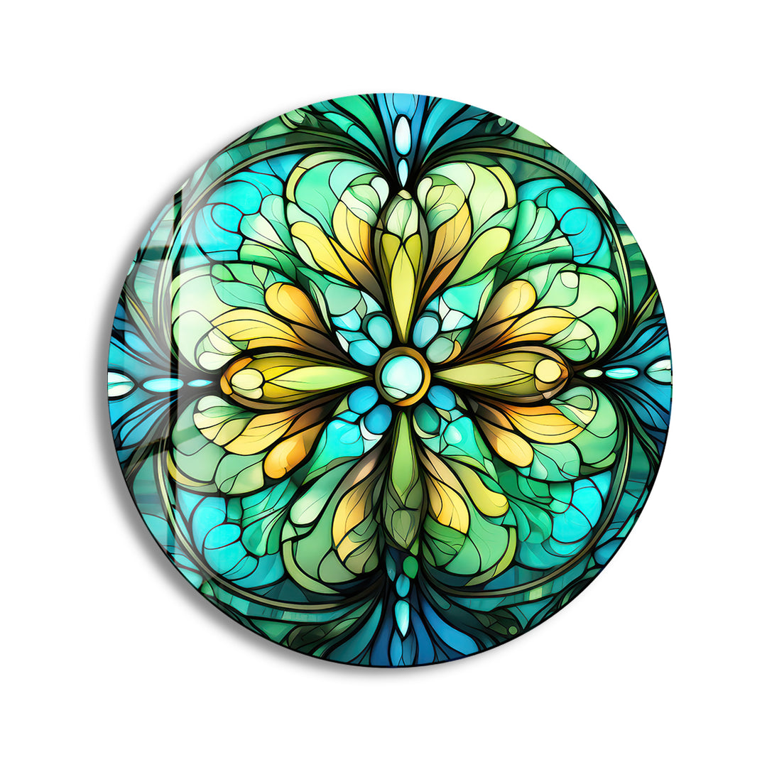 Big Green Flower Stained Round Glass Wall Art print picture on glass, Tempered Glass Wall Art
