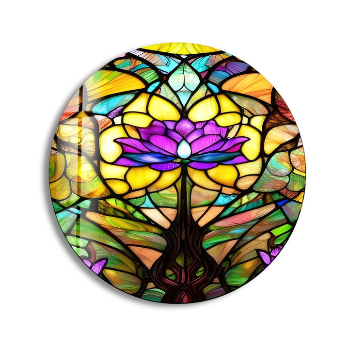 Stained Round Purple Lotus Glass Wall Art glass wall decor, glass wall art decor
