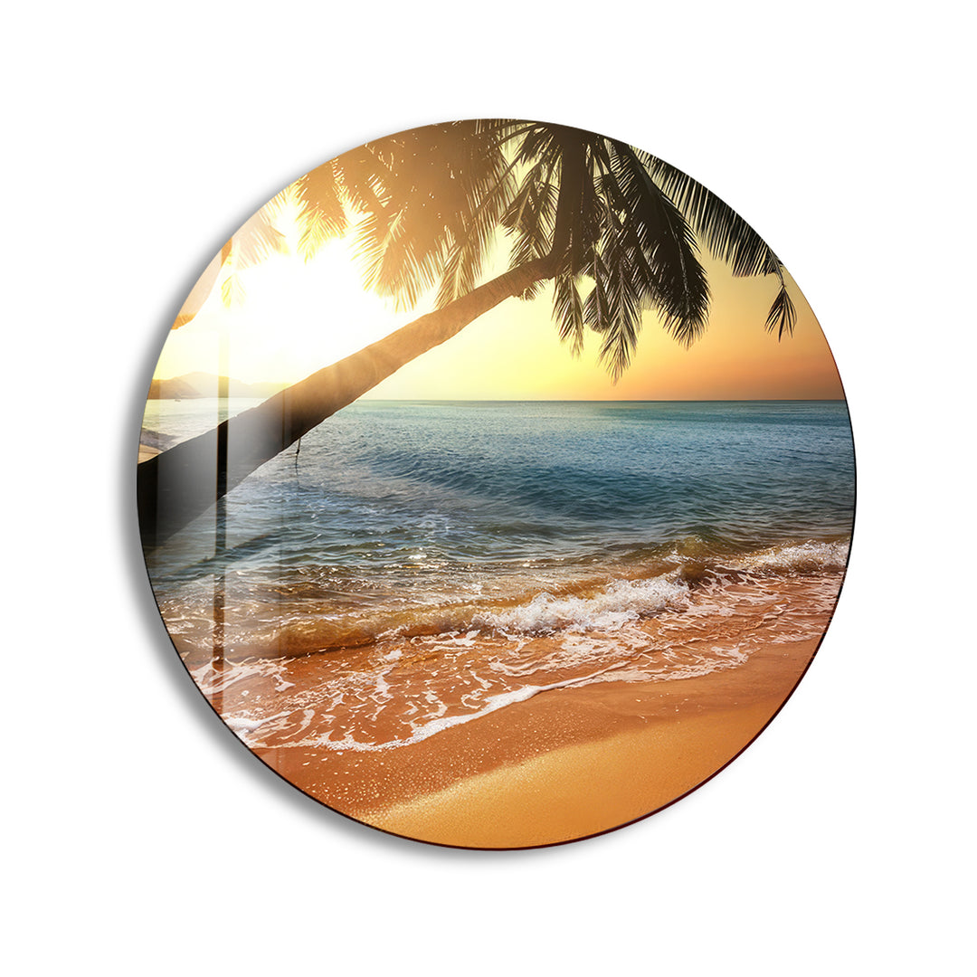 Tropical Sunset Round Glass Wall Art print picture on glass, Tempered Glass Wall Art
