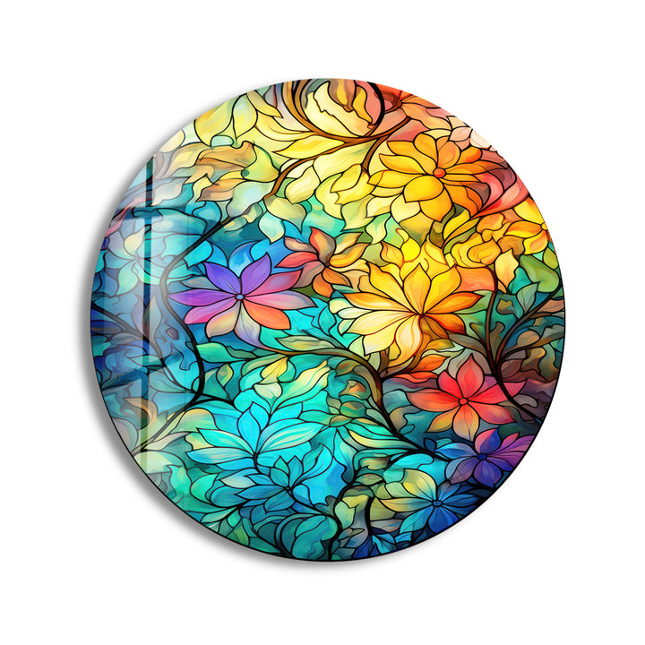 Stained Round Colorful Flowers Glass Wall Art Glass Printing Wall Art, Print photos on glass
