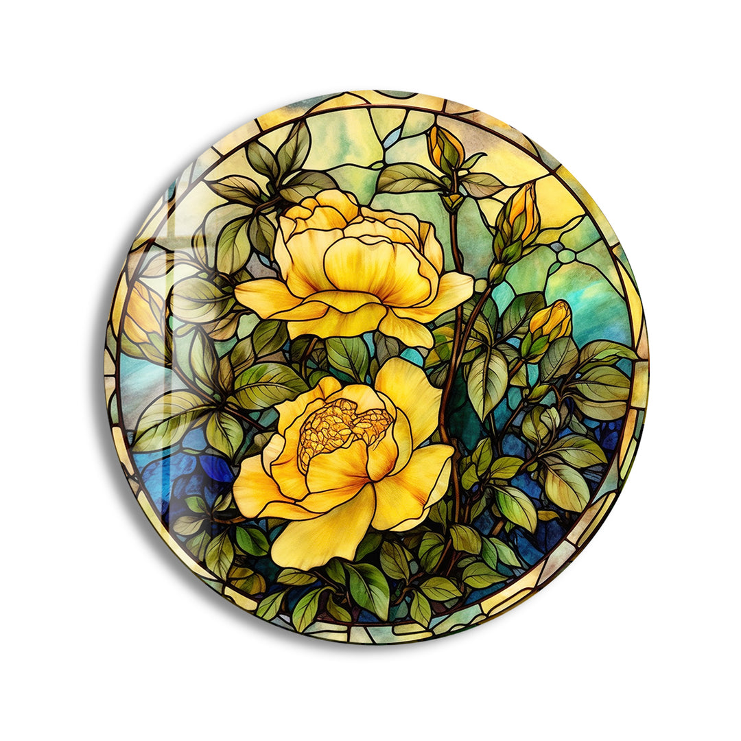 Stained Round Yellow Rose Glass Wall Art print picture on glass, Tempered Glass Wall Art
