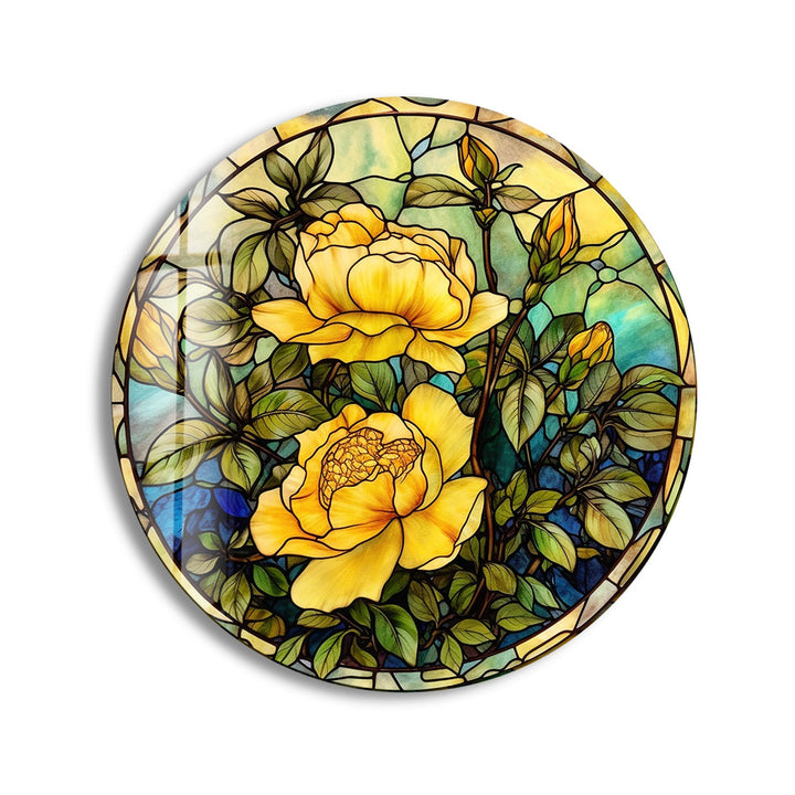 Stained Round Yellow Rose Glass Wall Art print picture on glass, Tempered Glass Wall Art
