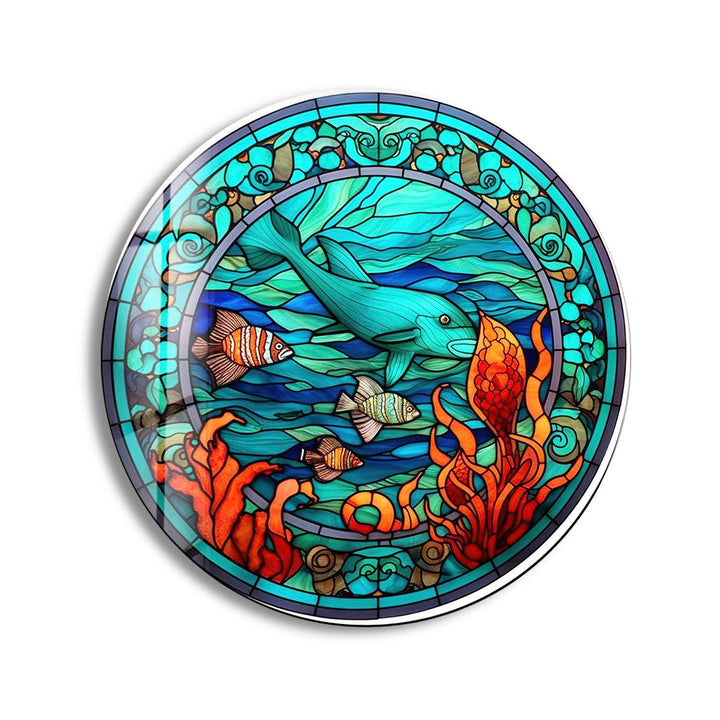 Stained Dolphin and Fish Round Glass Wall Art stained glass wall art, stained glass wall decor
