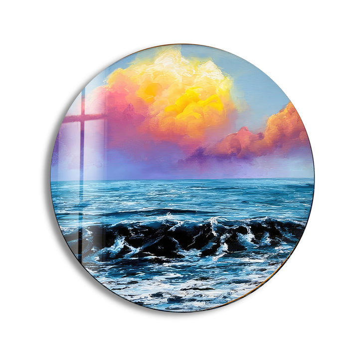 Sunset View & Waves Round Glass Wall Art print picture on glass, Tempered Glass Wall Art
