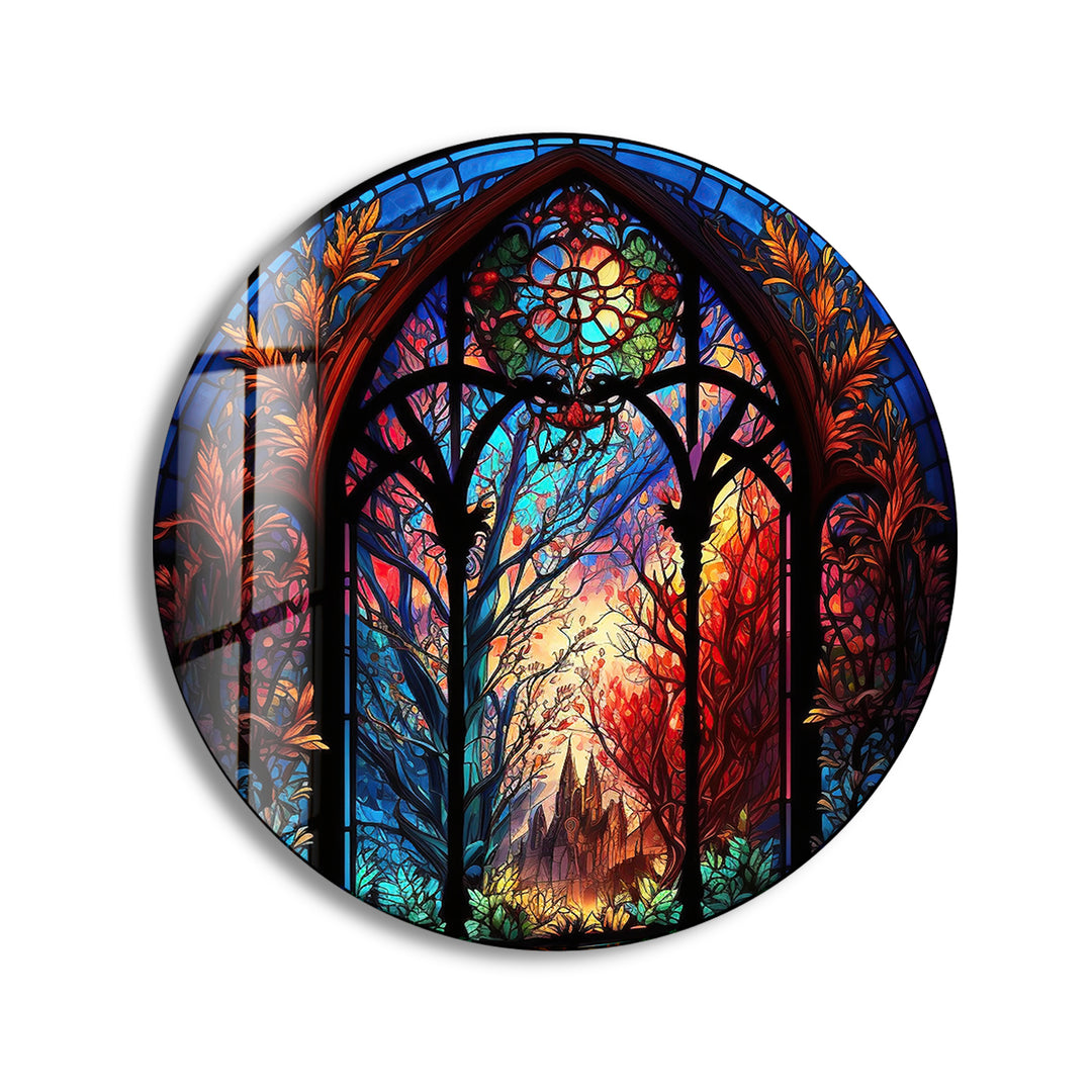 Stained Enchanted Forest Round Glass Wall Art print on glass, glass printed photos
