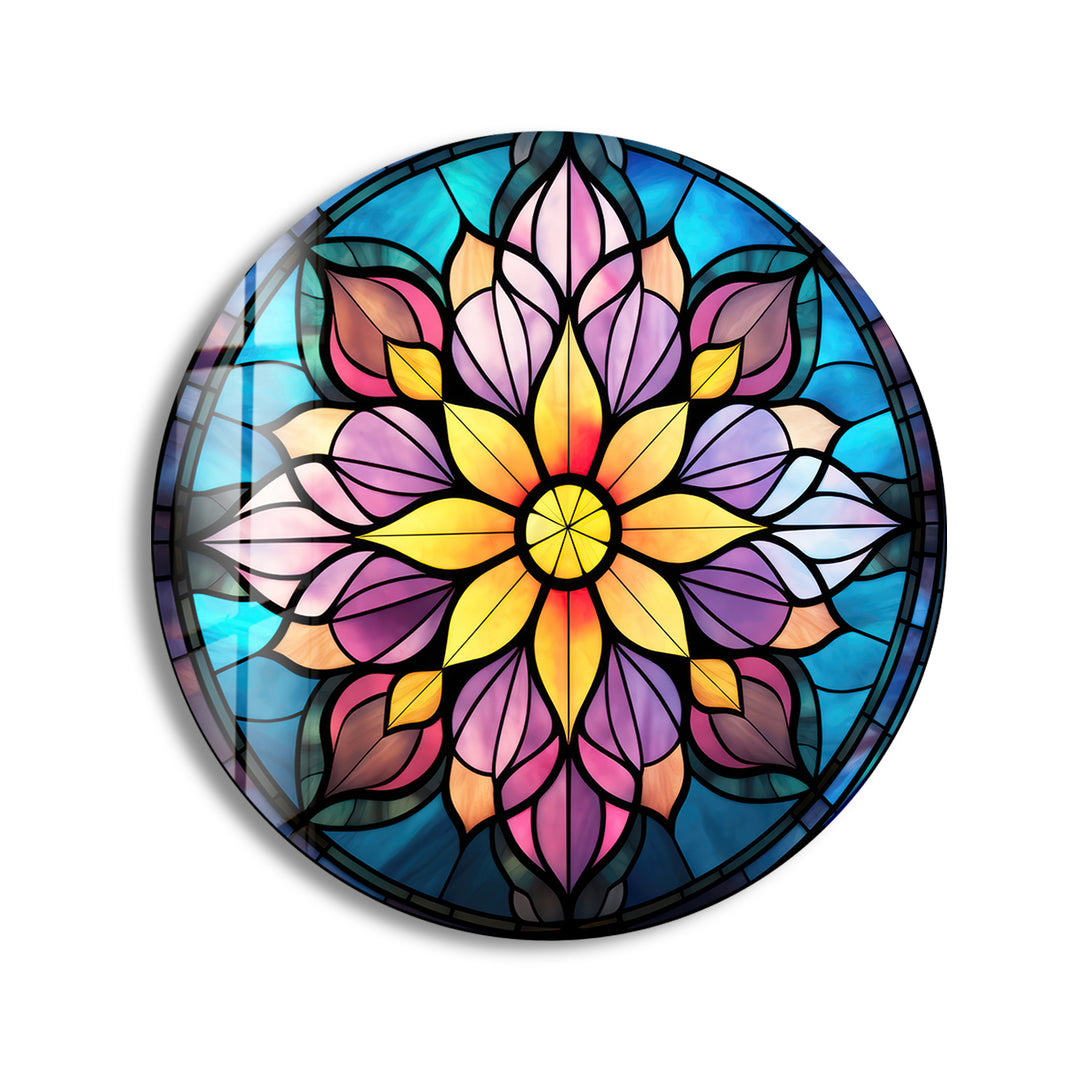 Stained Yellow & Purple Round Glass Wall Art print picture on glass, Tempered Glass Wall Art
