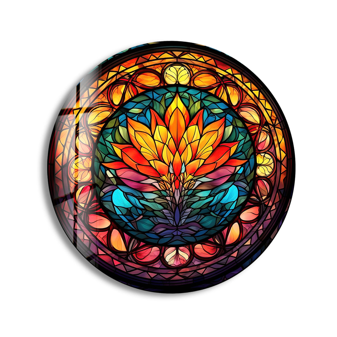 Stained Round Orange Lotus Glass Wall Art stained glass wall art, stained glass wall decor
