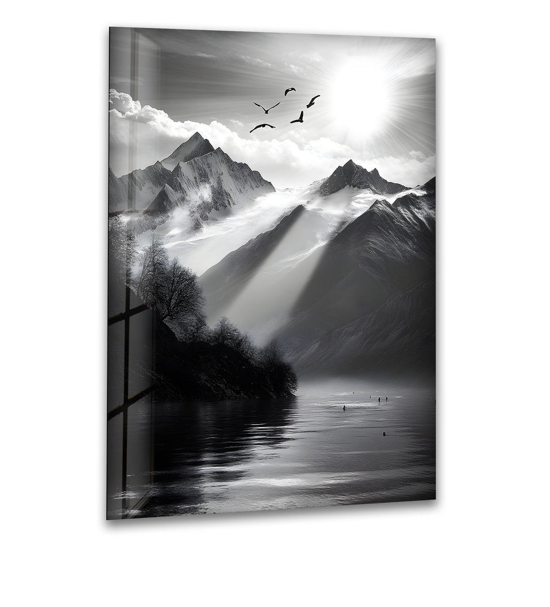 Dramatic black-and-white mountain landscape captured on glass, perfect for serene spaces.
