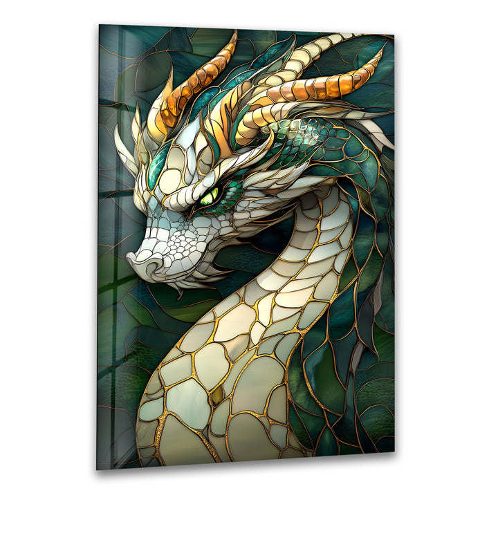 Vibrant stained glass dragon with intricate detailing in rich greens and gold.
