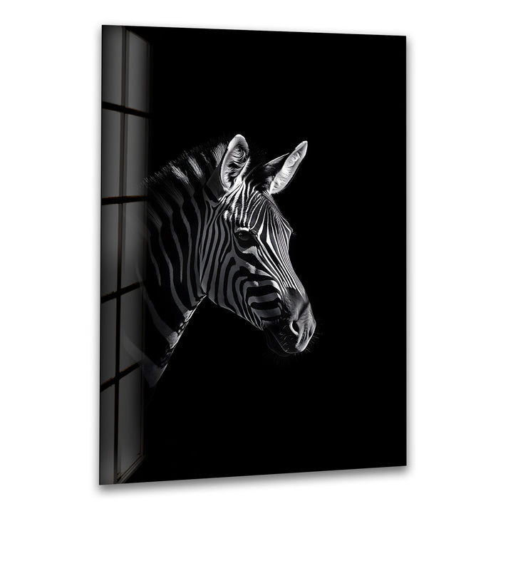 Zebra Majesty: Striking Black and White Zebra Portrait on Glass Wall Art
