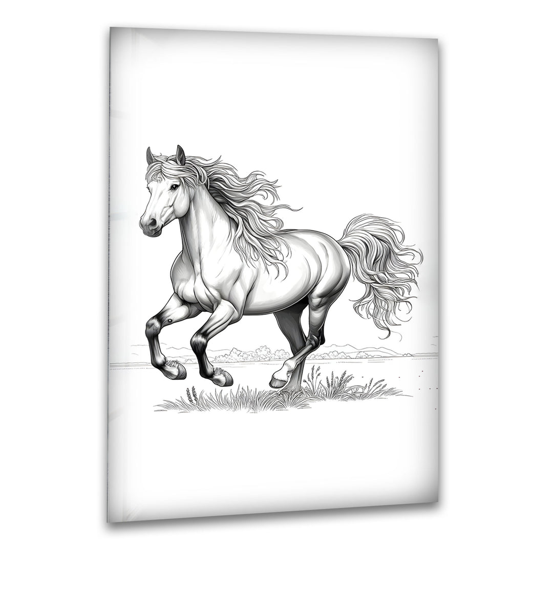 A stunning black and white wildlife wall art piece showcasing the power and beauty of a galloping horse.