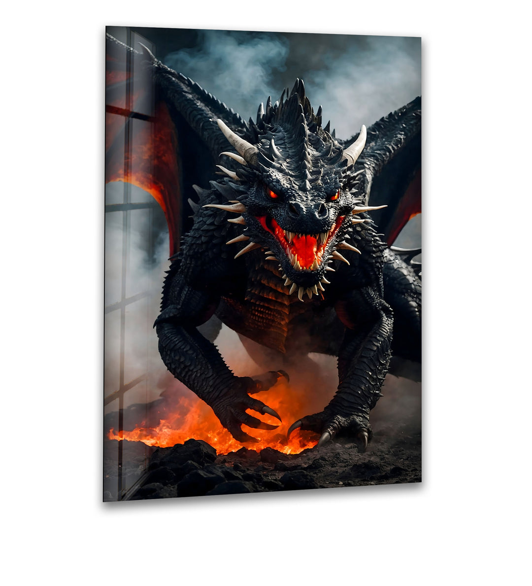 Majestic Dragon: A fierce dragon surrounded by fiery landscapes, perfect for bold home decor.
