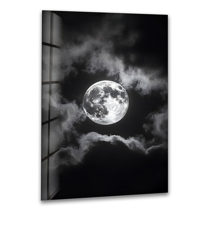 Captivating black-and-white moon design on glass, bringing the beauty of the night sky into your home.
