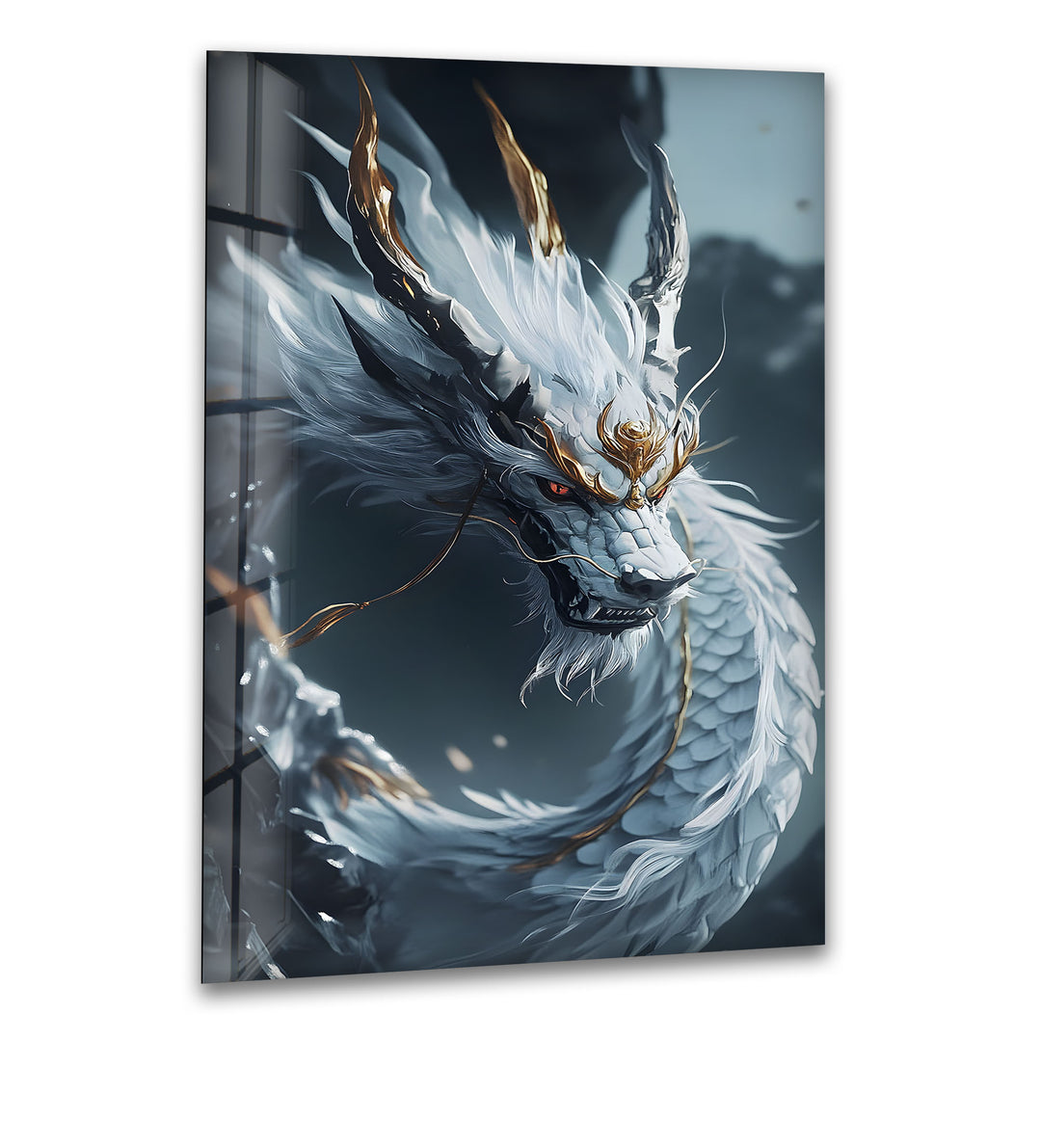 Regal white dragon with golden accents, surrounded by an ethereal atmosphere.
