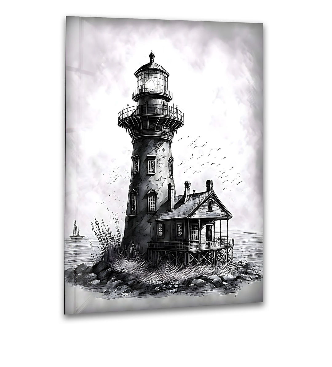 Lighthouse at Dusk - Black and White Scenic Glass Wall Art
