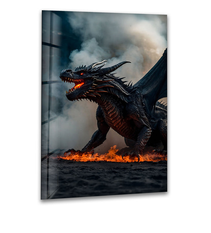 Inferno Dragon: A mythical beast roaring in a fiery landscape, captured in breathtaking glass art.
