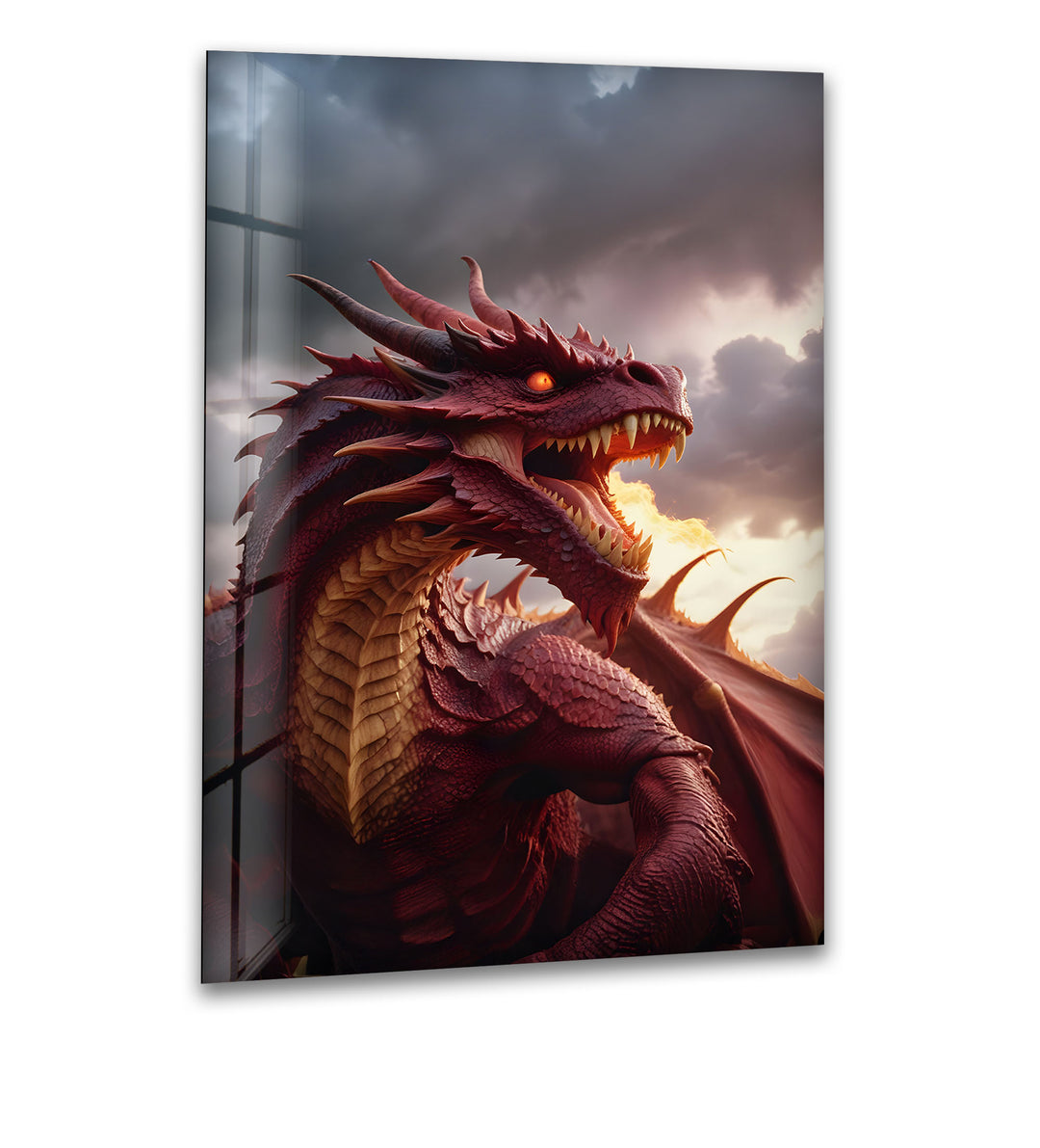 A fierce red dragon with fiery breath, beautifully captured in detailed glass wall art.
