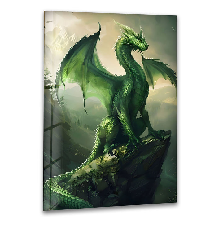 A powerful green dragon standing atop a cliff, captured in stunning detail on glass wall art.
