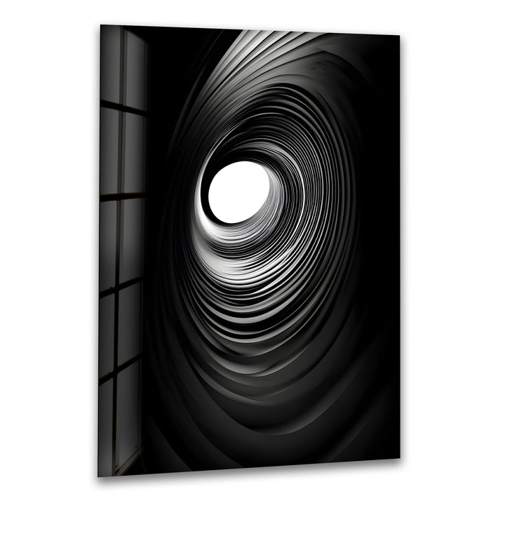 Striking black-and-white spiral abstract design on glass, adding modern elegance to any space.
