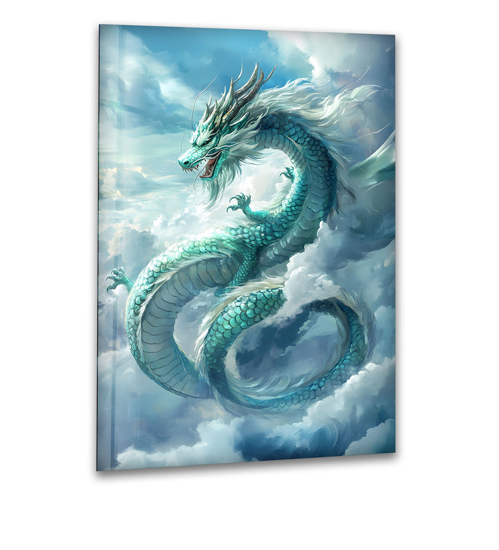 Celestial dragon soaring gracefully through soft clouds, embodying serenity and power.
