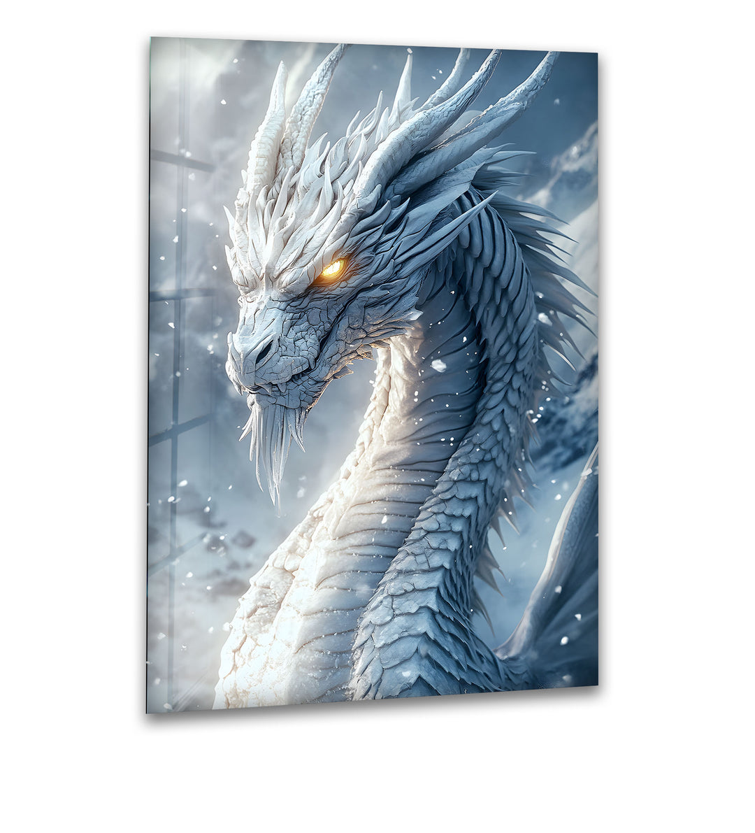 Majestic white dragon with glowing eyes in a snowy fantasy landscape.
