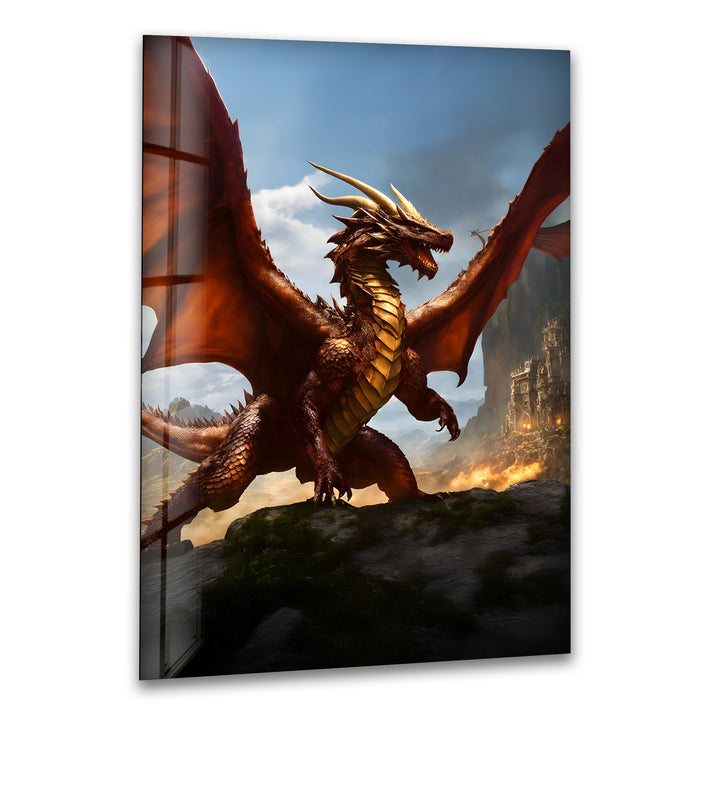 Red Dragon: A fierce red dragon standing tall in a fiery landscape, perfect for bold home decor.