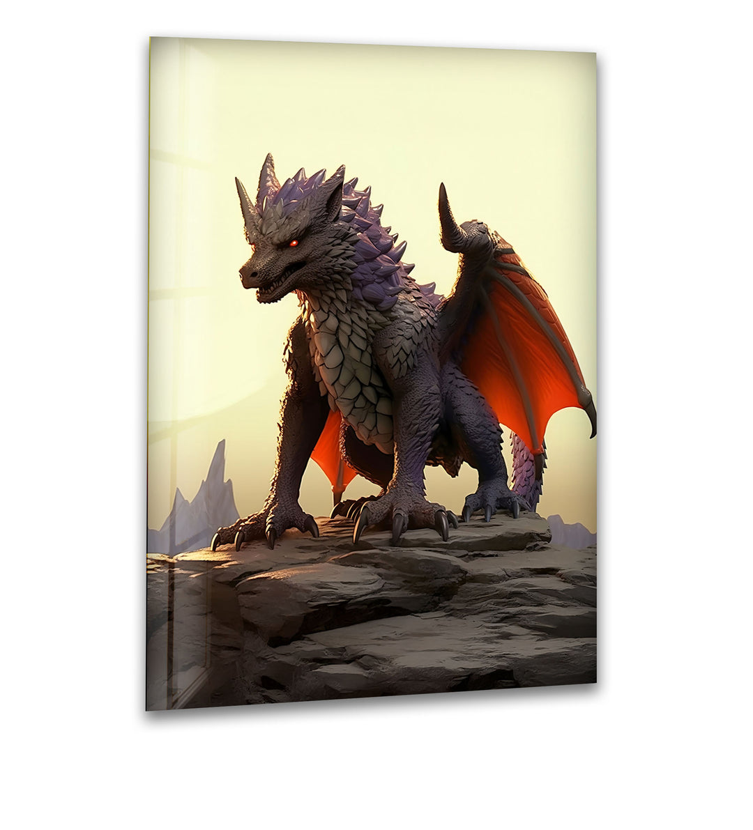 A mighty purple dragon with fiery orange wings, beautifully captured on premium glass wall art.
