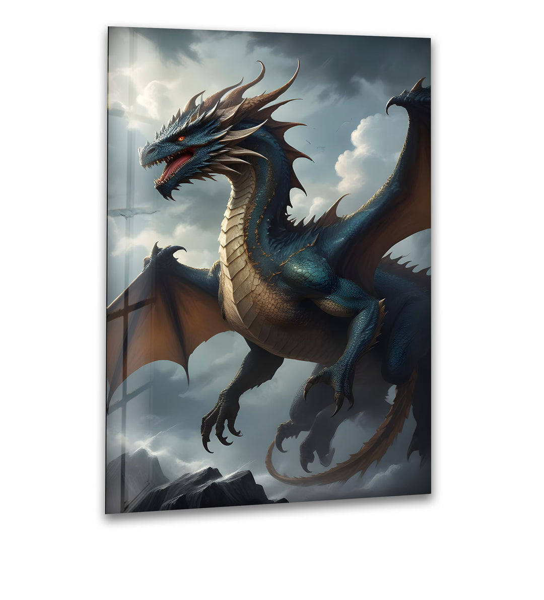 Majestic Blue Dragon: A Mythical Creature Soaring in the Sky on Glass Wall Art