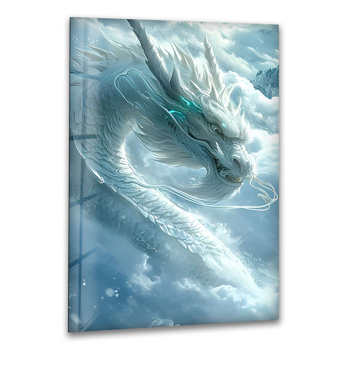 White Dragon: A majestic dragon soaring through the clouds, perfect for serene home decor.
