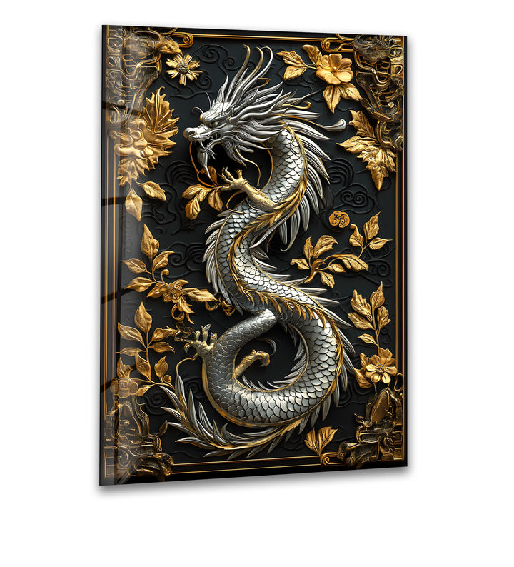 Luxurious golden dragon artwork on black background with intricate details.
