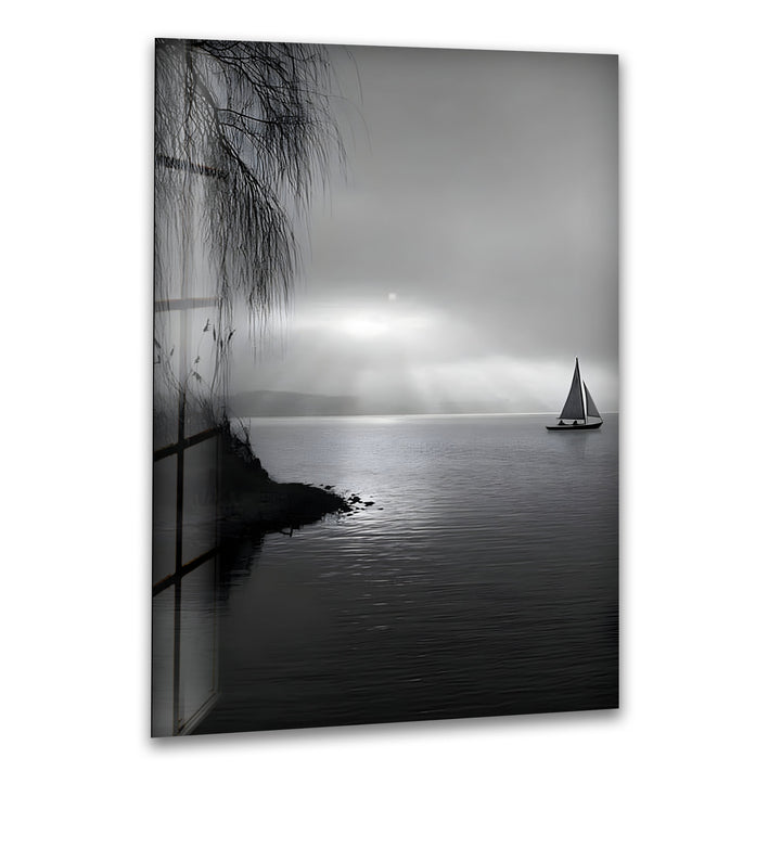 Tranquil Seascape – Black & White Sailboat Sunset Wall Art