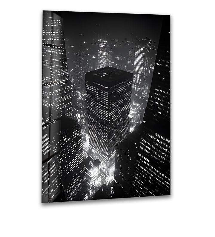 City Lights: Captivating Black and White Cityscape on Glass Wall Art
