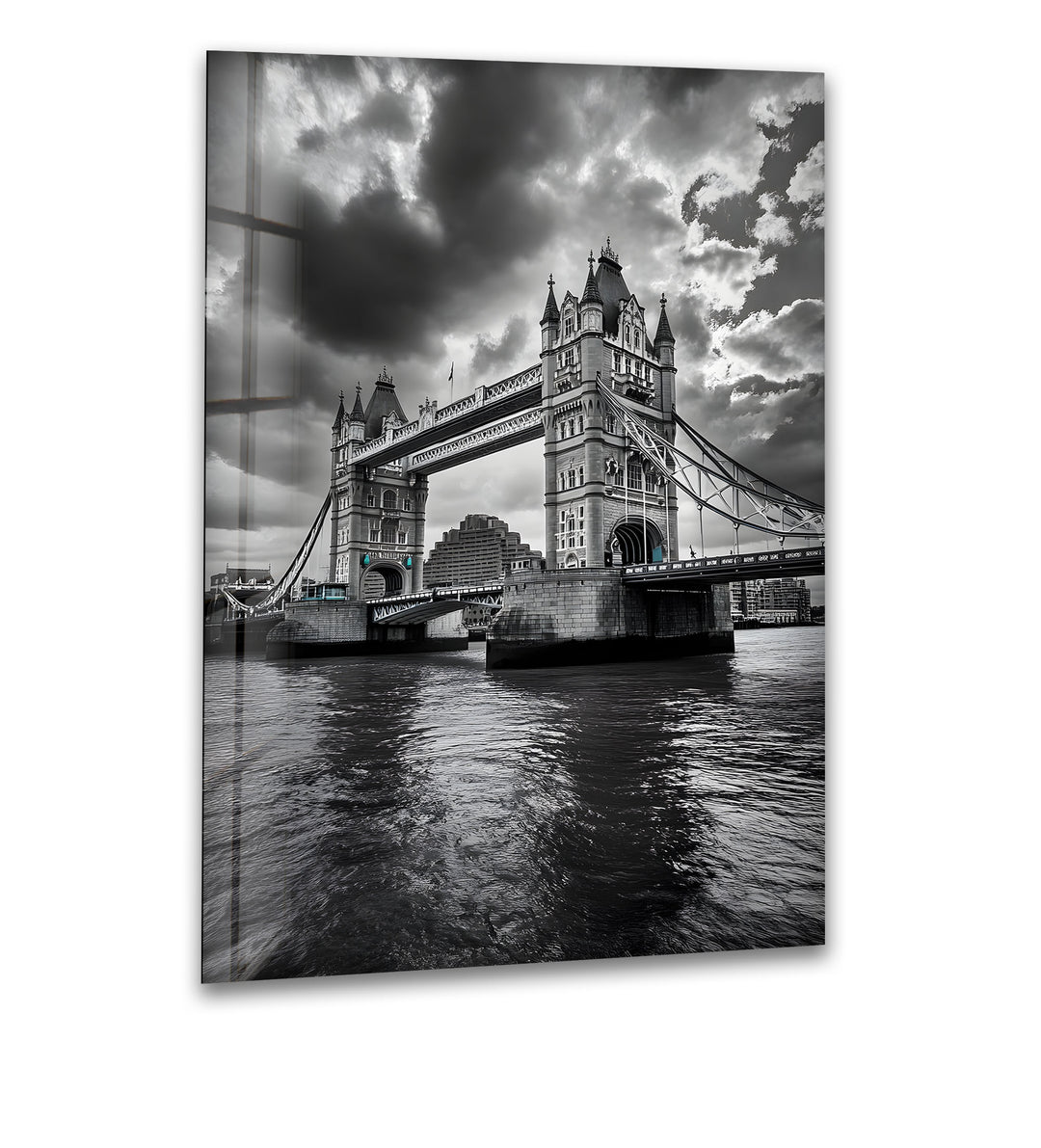 A stunning black and white glass wall art featuring the iconic Tower Bridge in London.
