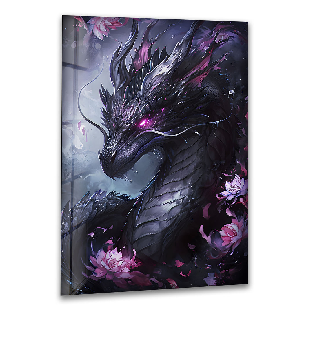 A captivating purple dragon, surrounded by mist and flowers, beautifully captured on premium glass wall art.
