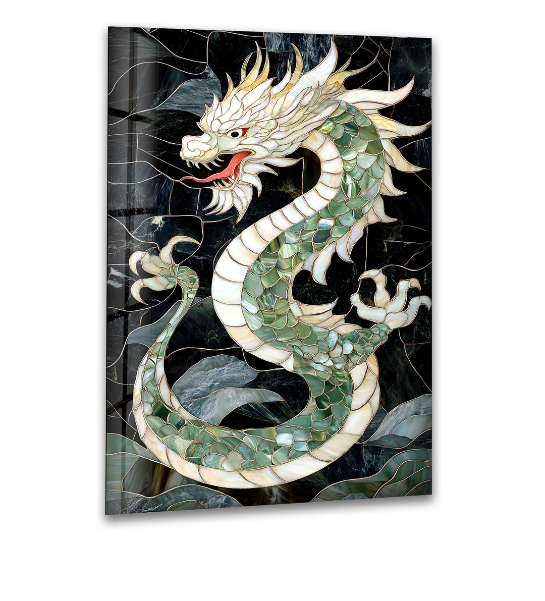 Intricate green dragon in mosaic art, exuding mystical power and elegance.
