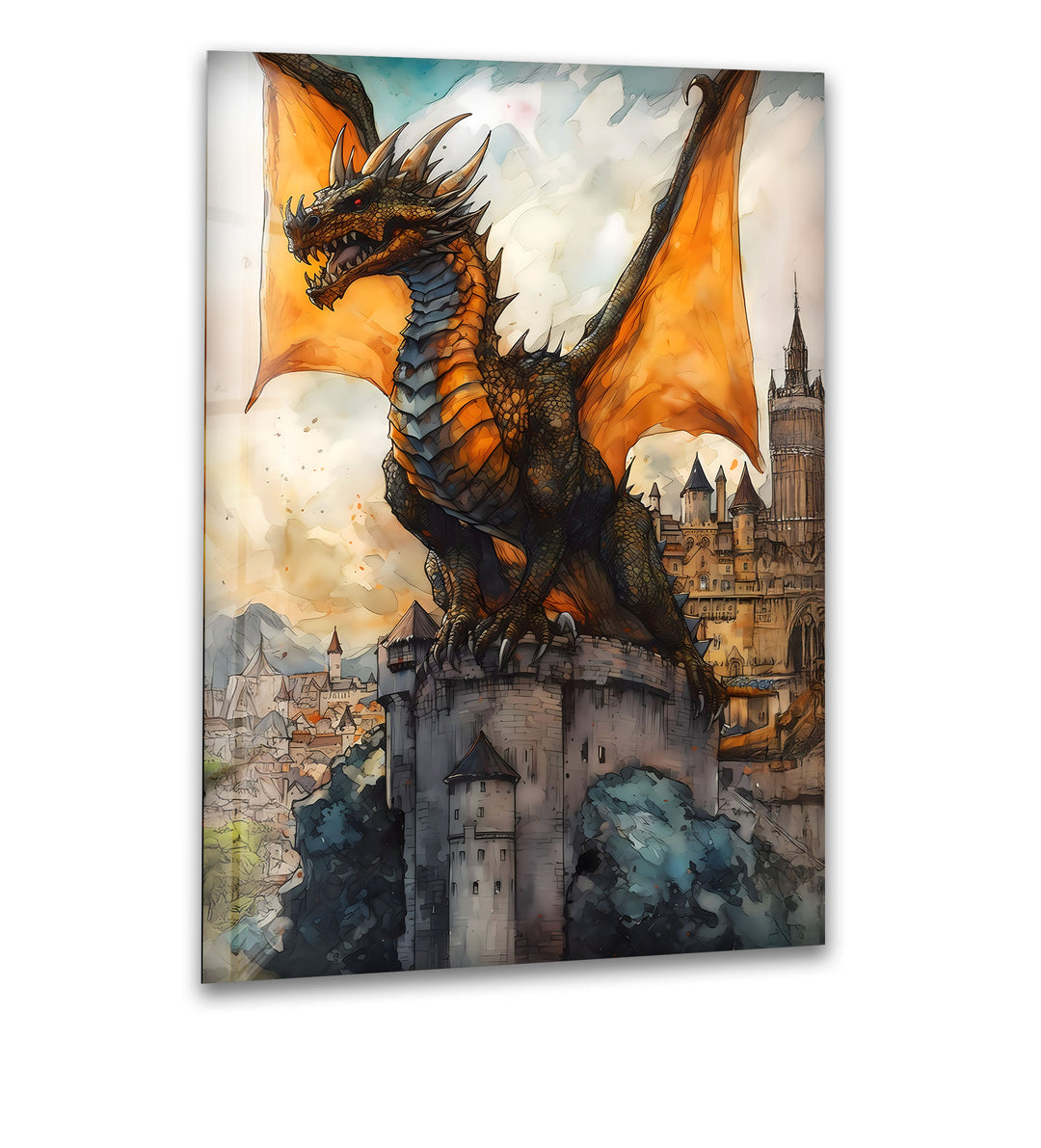 Majestic Dragon Guarding Castle: A Powerful Fantasy Art on Glass
