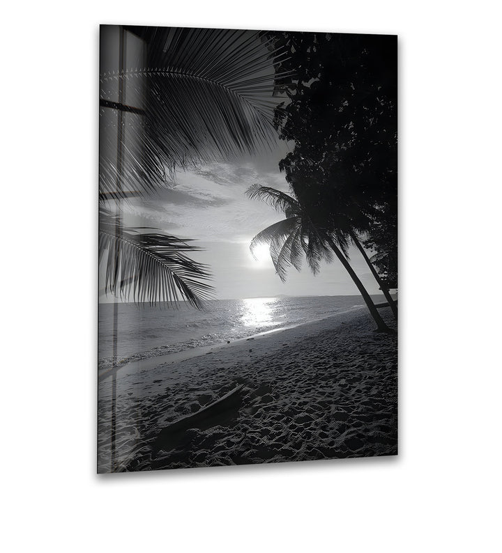 Tropical Beach Sunset - Black and White Coastal Glass Wall Art
