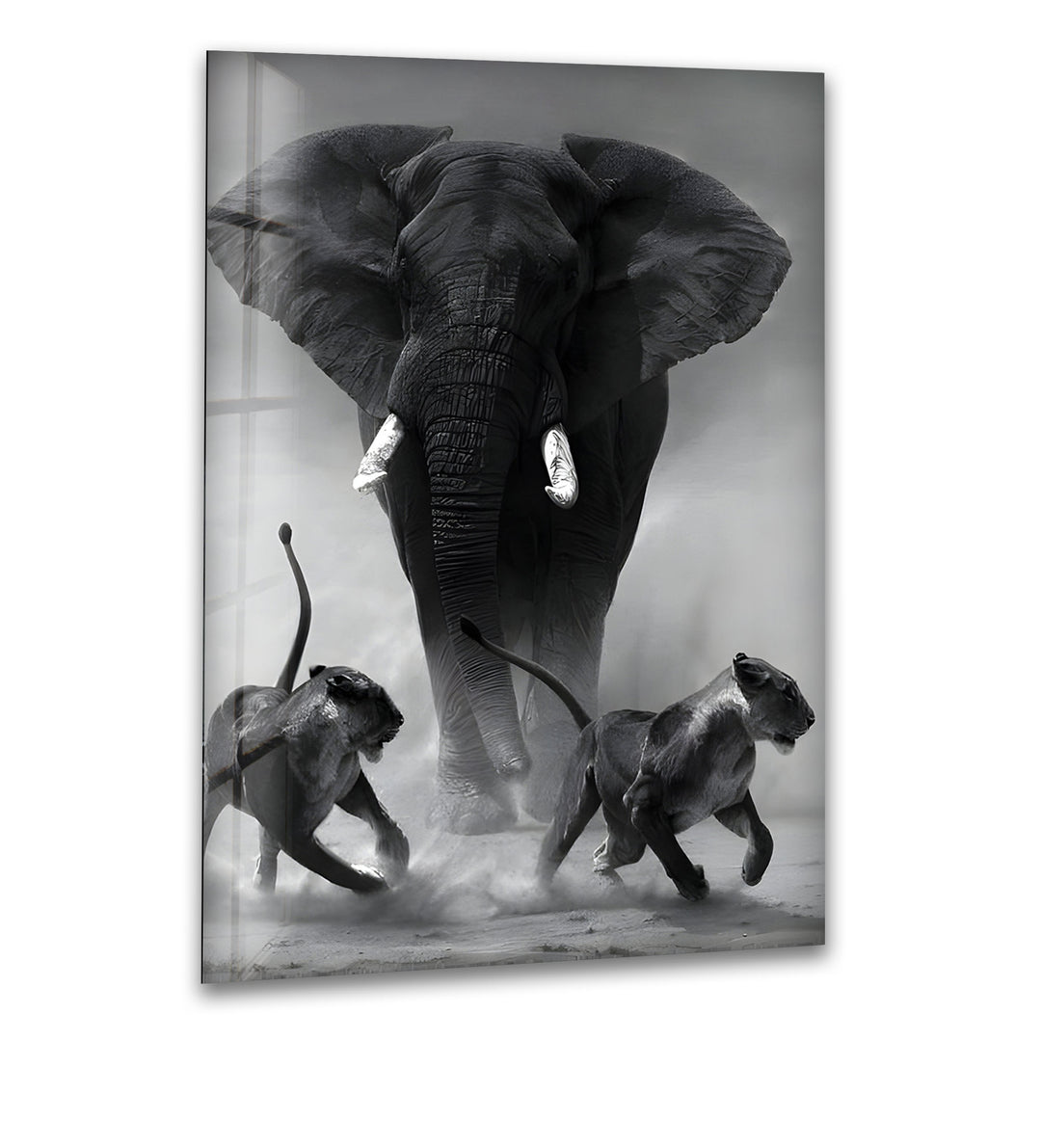 Wild Power - Majestic Elephant & Lions Black and White Glass Wall Art
