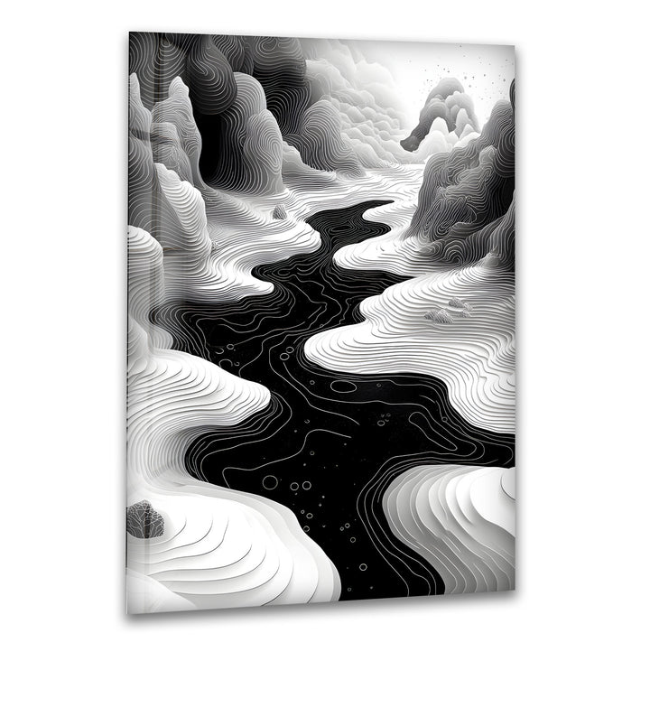 Abstract River: Striking Black and White Landscape on Glass Wall Art
