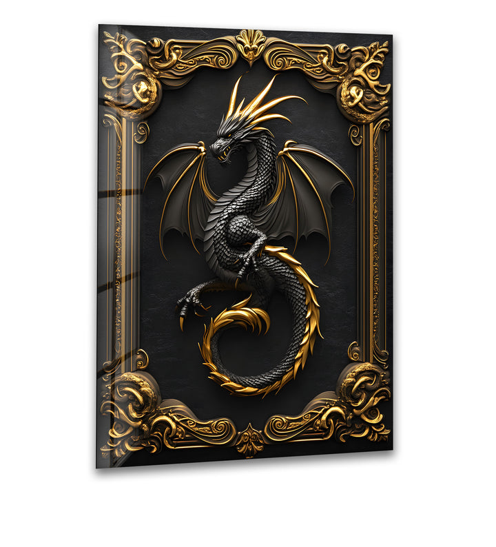 A powerful black and gold dragon, beautifully captured in intricate detail on high-quality glass wall art.
